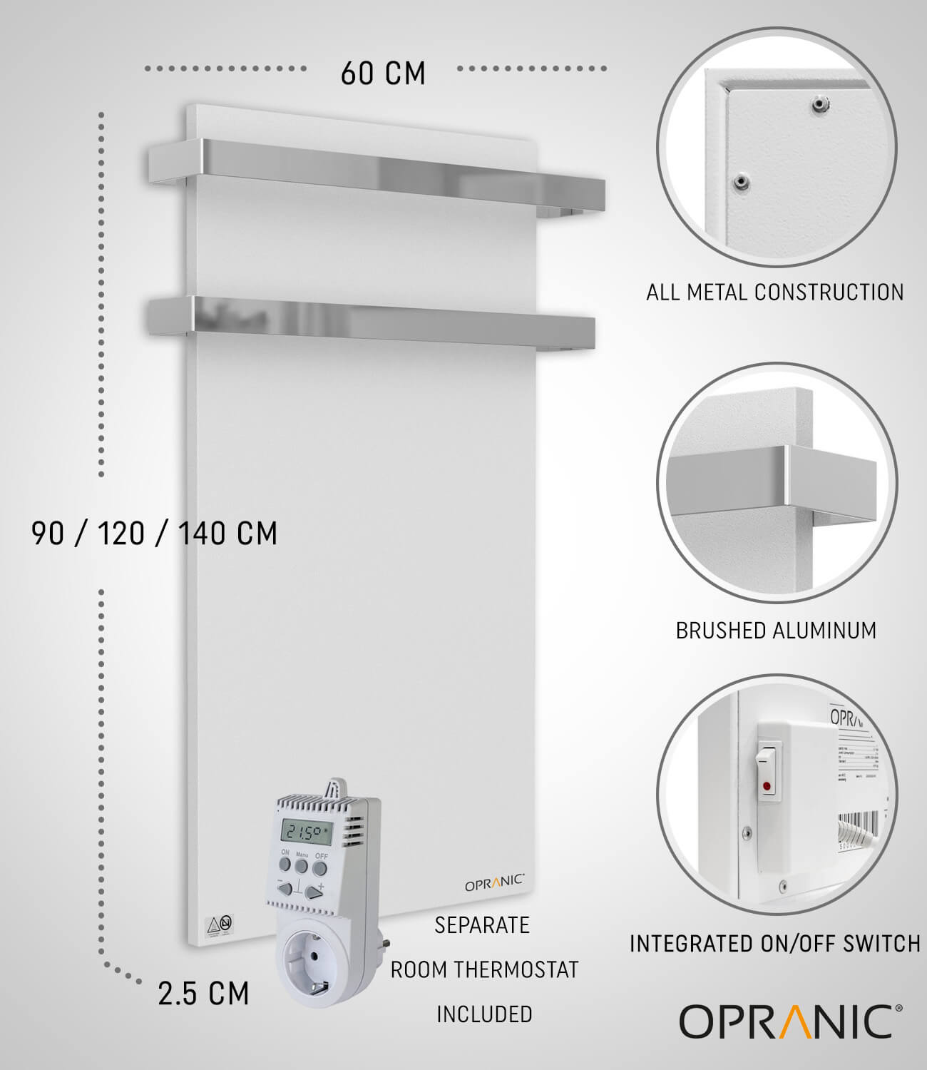 OPRANIC P5, metall 900W, infraröd panelvärmare för badrum med handdukshållare och OT50-termostat