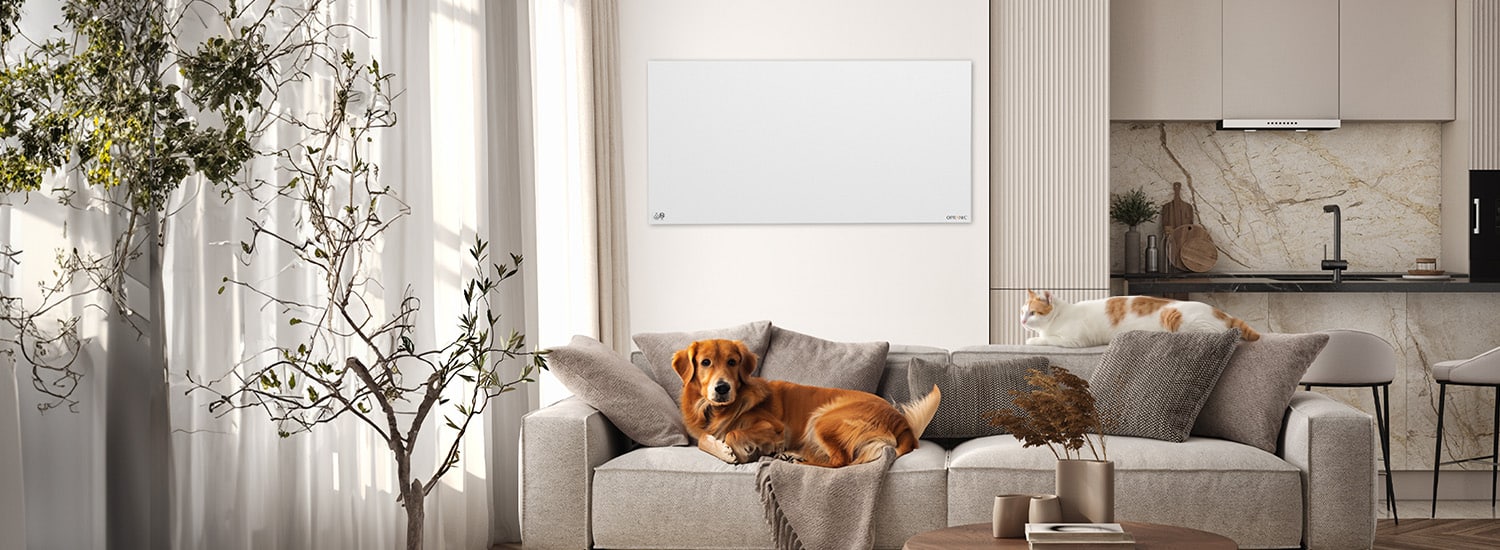 Opranic Panel Heater in living room with a dag and cat