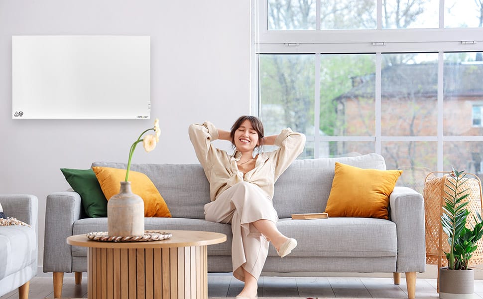 woman in sofa opranic p6h900 infrared panel heater