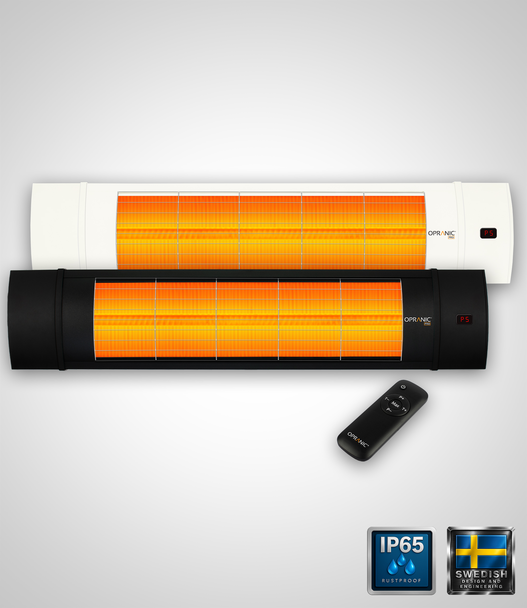 OPRANIC PRO V70R Wand Patioheater 2300W, IIR-X Carbon Black, IP65, Afstandsbediening, Timer