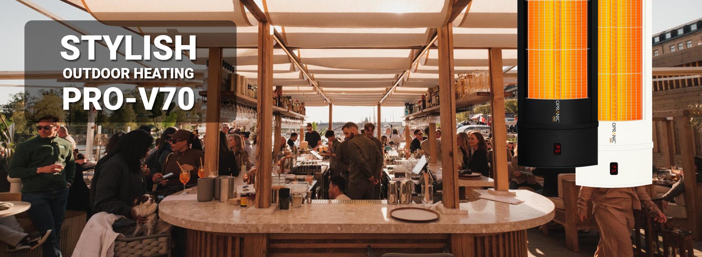 Opranic PRO-V70R wall-mounted patio heater, 2300W, installed in an outdoor dining area by the water in Stockholm.