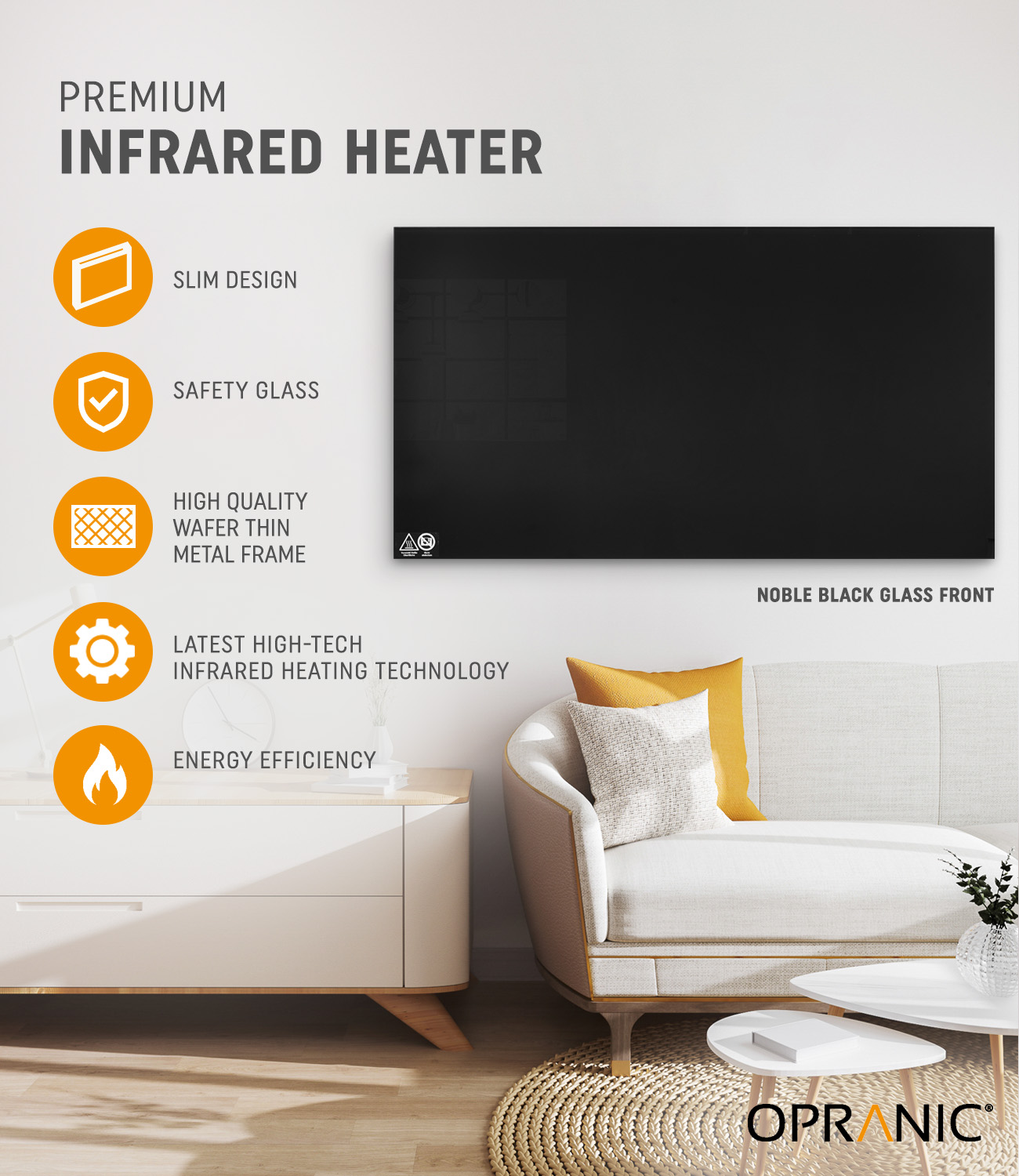OPRANIC P7 Radiadores Infrarrojos de Cristal 450W – 900W en Blanco o Negro
