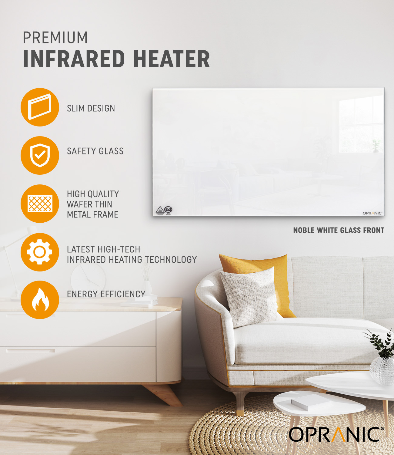 Opranic P7 Glass infravärmepanel 450W svart med härdat glas väggmonterad ultratunn 2,5 cm IP44