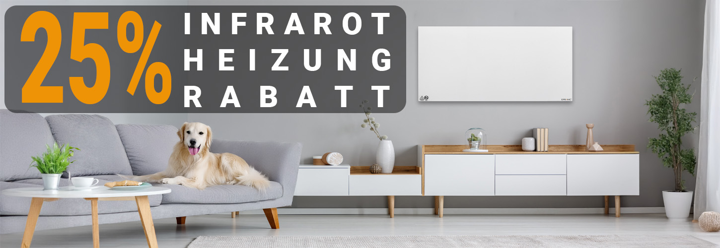 Infrarotheizung Opranic P5 aus Metall, 300W bis 900W, installiert an der Wand eines modernen Wohnzimmers