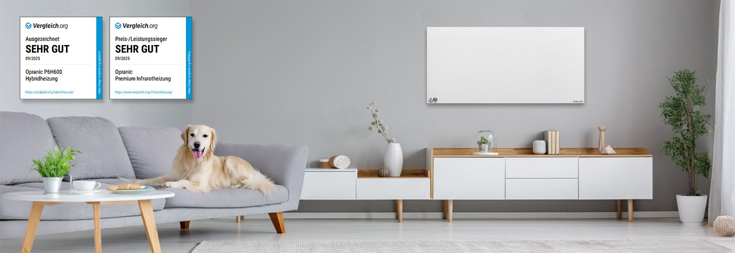 Infrarotheizung Opranic P5 aus Metall, 300W bis 900W, installiert an der Wand eines modernen Wohnzimmers