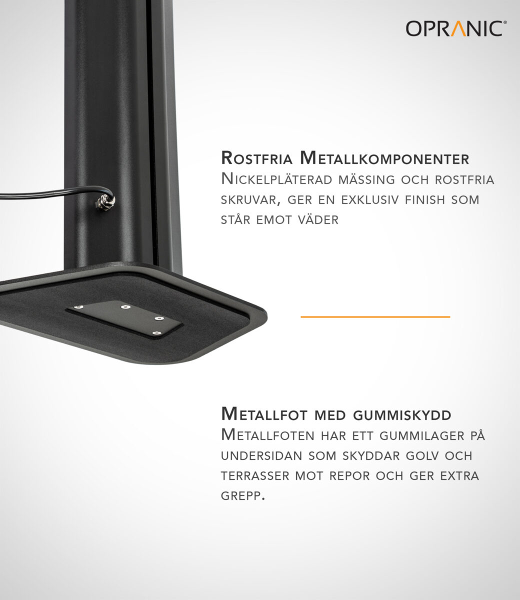 Detalj av Opranic Thor S70 infravärmare som visar rostfria metallkomponenter och gummiskyddad bas.