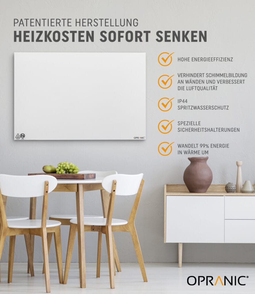 Infravärme elförbrukning i vardagen: Opranic P5 infravärmepanel i metall på 700 W på vardagsrumsväggen