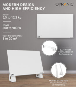 Opranic P5 infravärmepanel i vitt, 300 till 900 W, vägg- eller takmonterad, med handdukshållare och mobilt ställ som tillval.