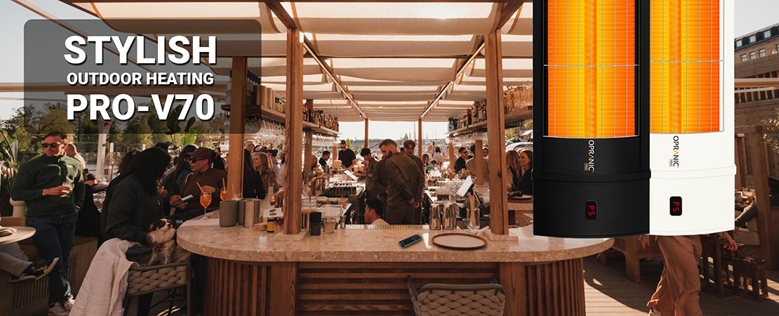 Radiateur infrarouge d'extérieur Pro-V70 installé sur la terrasse d'un restaurant.