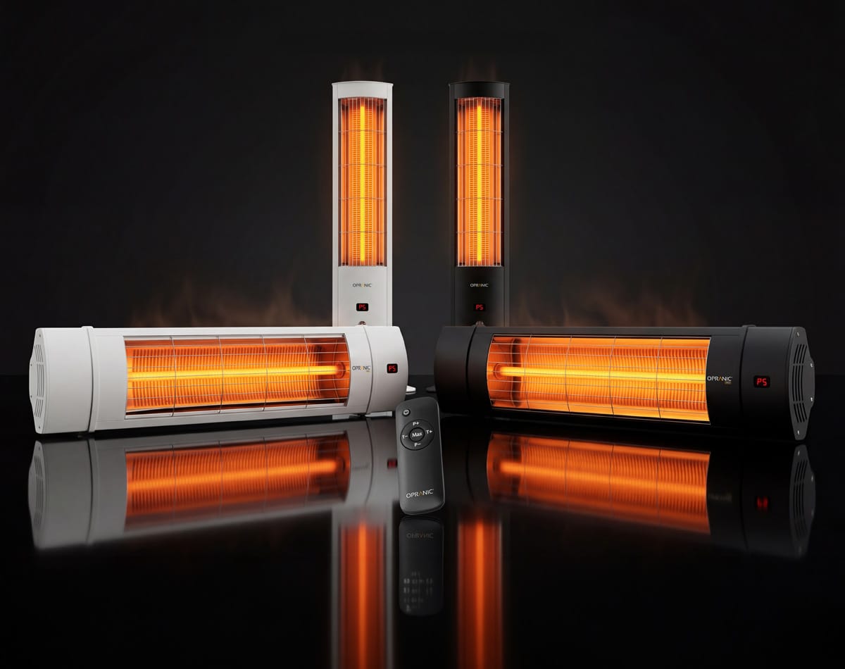 Fyra Opranic infravärme sortiment med glödande carbonfiber, vägg- och golvmodeller i vitt och svart, med fjärrkontroll, ett integrerat system med parabolisk reflektor och optimerad elektronik för maximal värmeprestanda.