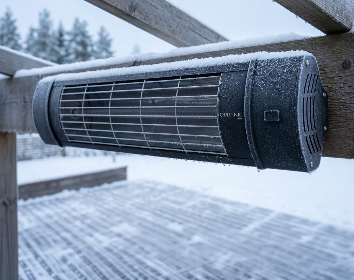 Opranic PRO V70 infravärmare med IP65-klassning täckt av frost och snö på vinterterrass