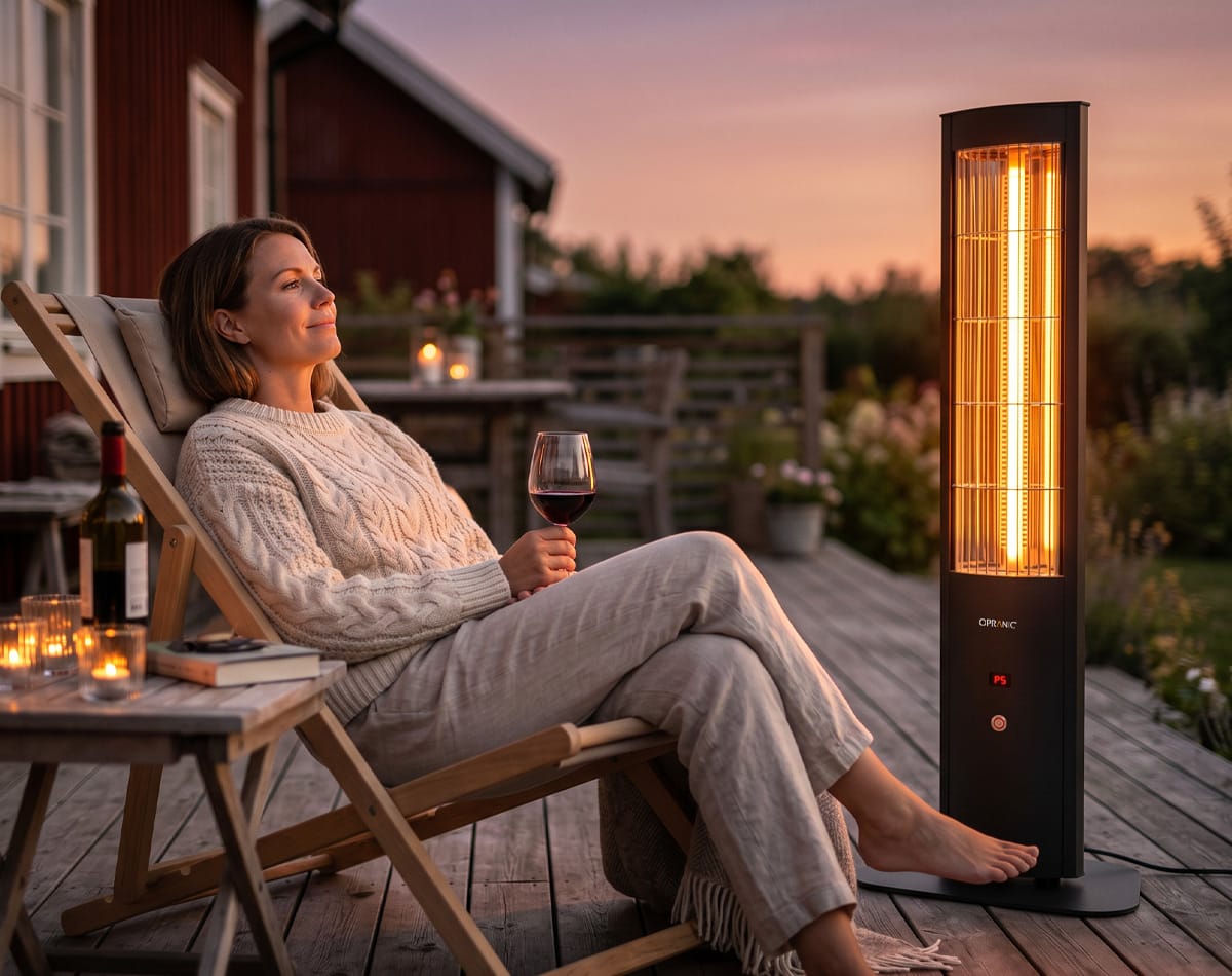 Kvinna sitter avslappnad på trädäck en svensk sommarkväll i skymningen, värmd av en Opranic THOR S70R infraröd golvvärmare med glödande orange kolfiberelement, naturlig infraröd utomhusvärme.