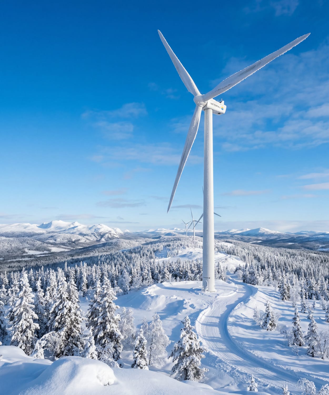 Vindkraftverk med isiga rotorblad i svenskt vinterlandskap, från LTU och Vattenfalls studie om infravärme som avisningsteknik