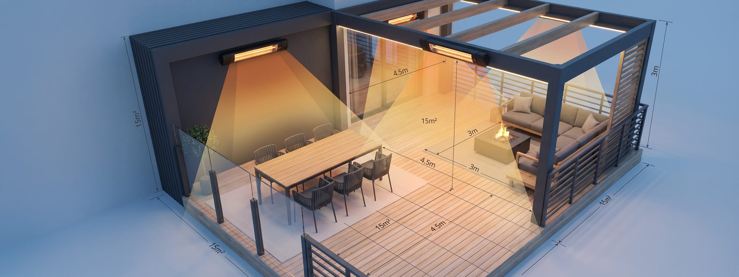 Infrared heater power calculator, pergola with mounted Opranic PRO V70 showing heat distribution