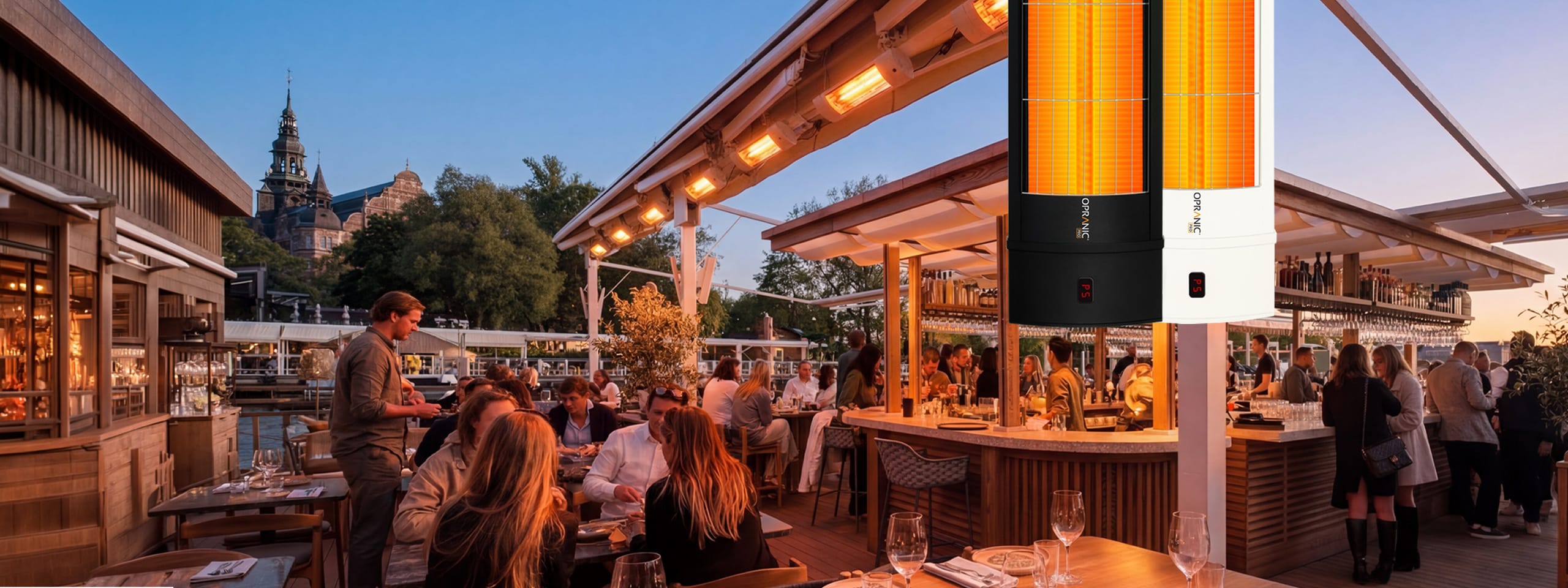 Outdoor infrared heater PRO V70 installed at a restaurant terrace