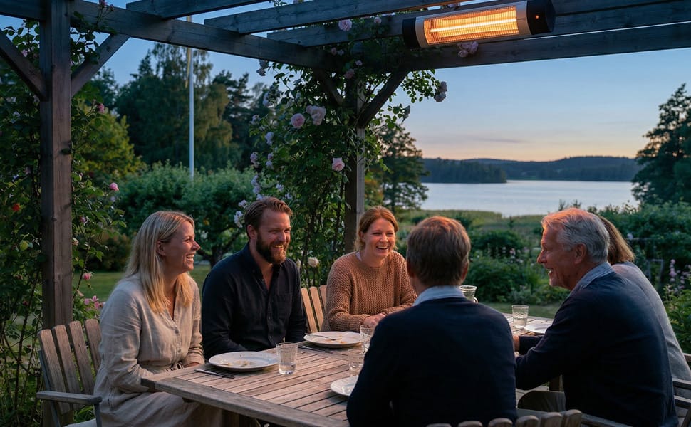 Opranic NOVA infravärmare monterad under pergola på uteplats