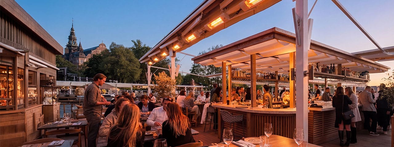 Outdoor infrared heater PRO V70 installed at a restaurant terrace