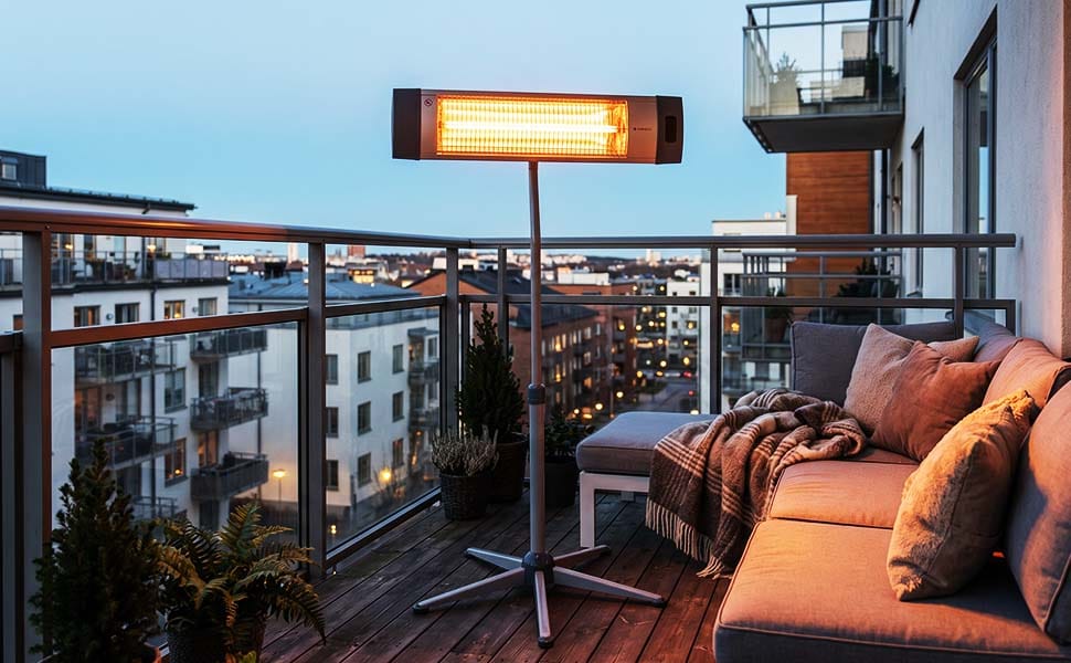 Infravärme på balkong, STAR V40 på medföljande stativ bredvid loungesoffa på lägenhetbalkong