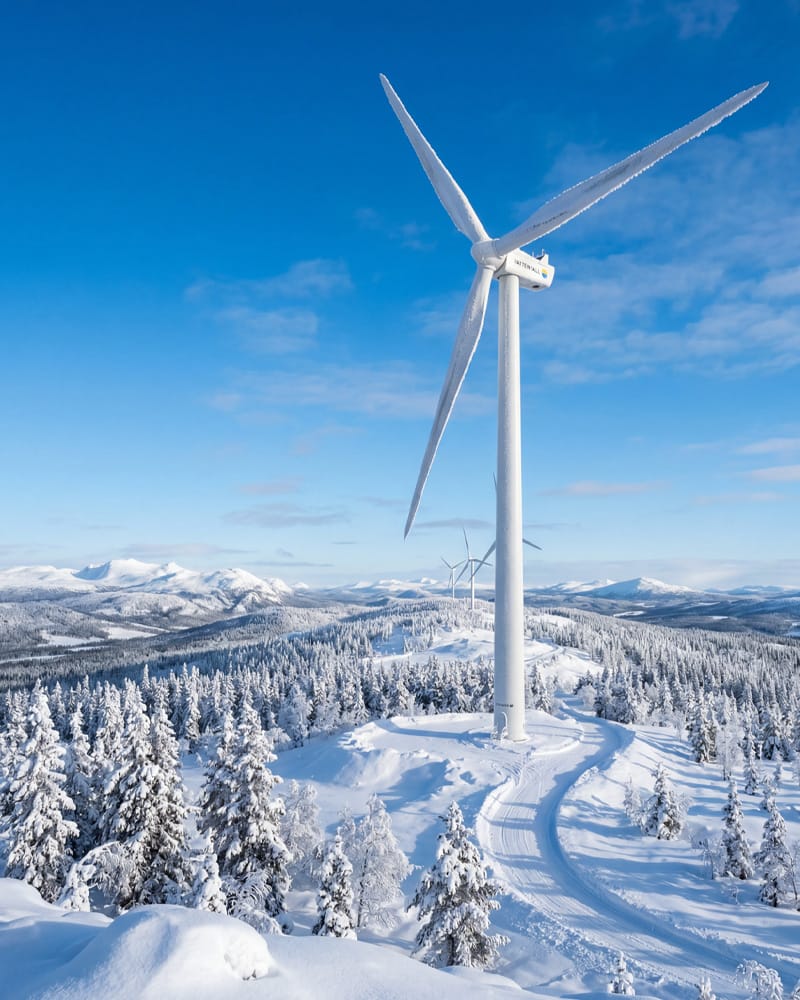 Windkraftanlage in arktischer Winterlandschaft, Opranic IR-X Carbon Black geprüft zur Enteisung von Rotorblättern in Zusammenarbeit mit der Technischen Universität Luleå und Vattenfall