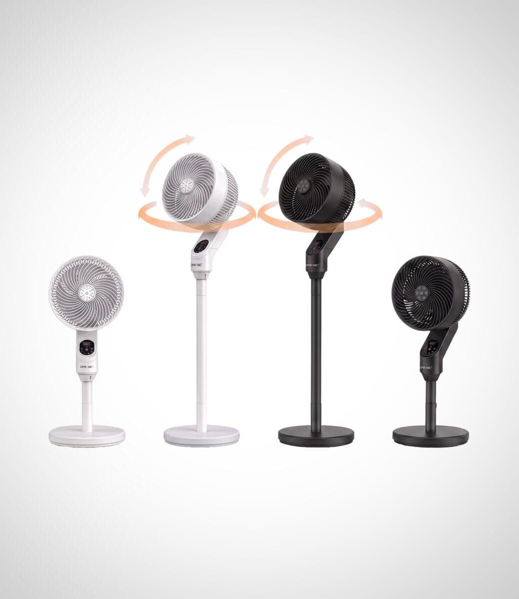 Opranic A70R quiet pedestal fans in White and Black, shown at pedestal and desk height with arrows indicating oscillation