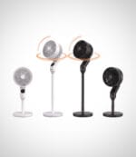 Opranic A70R quiet pedestal fans in White and Black, shown at pedestal and desk height with arrows indicating oscillation