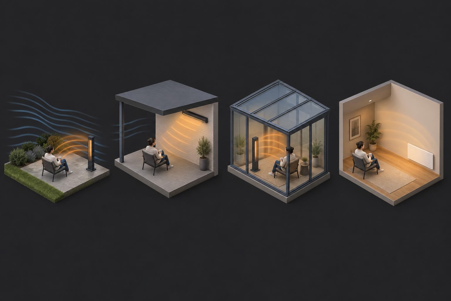 Infrared heating for a patio, covered terrace, conservatory and indoor room Infrared heating in four places: open patio, covered terrace, conservatory and indoors with an infrared panel.
