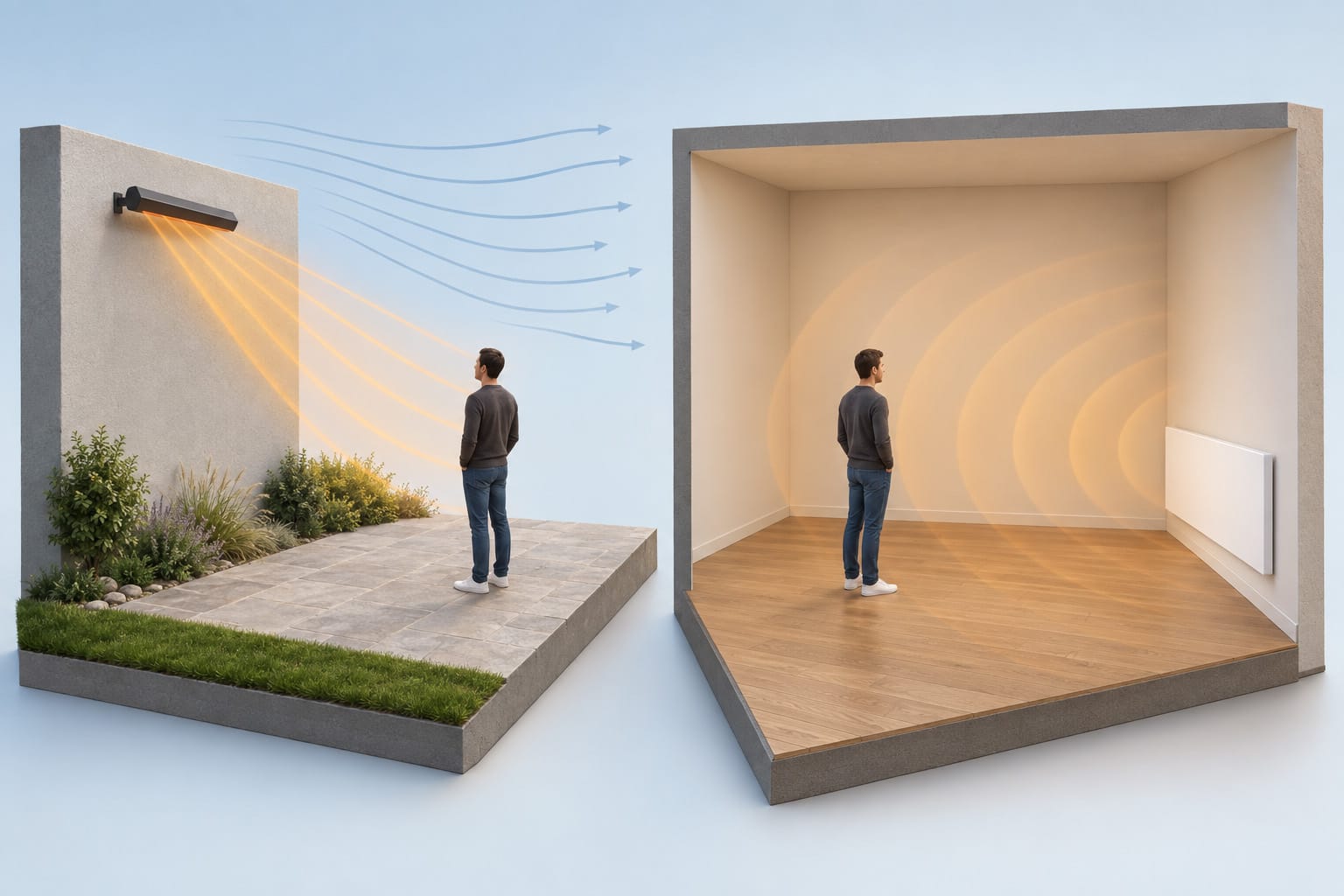Outdoor infrared heater and indoor infrared panel Comparison: outdoor infrared heater with directed warmth and indoor infrared panel with broad, gentle warmth.