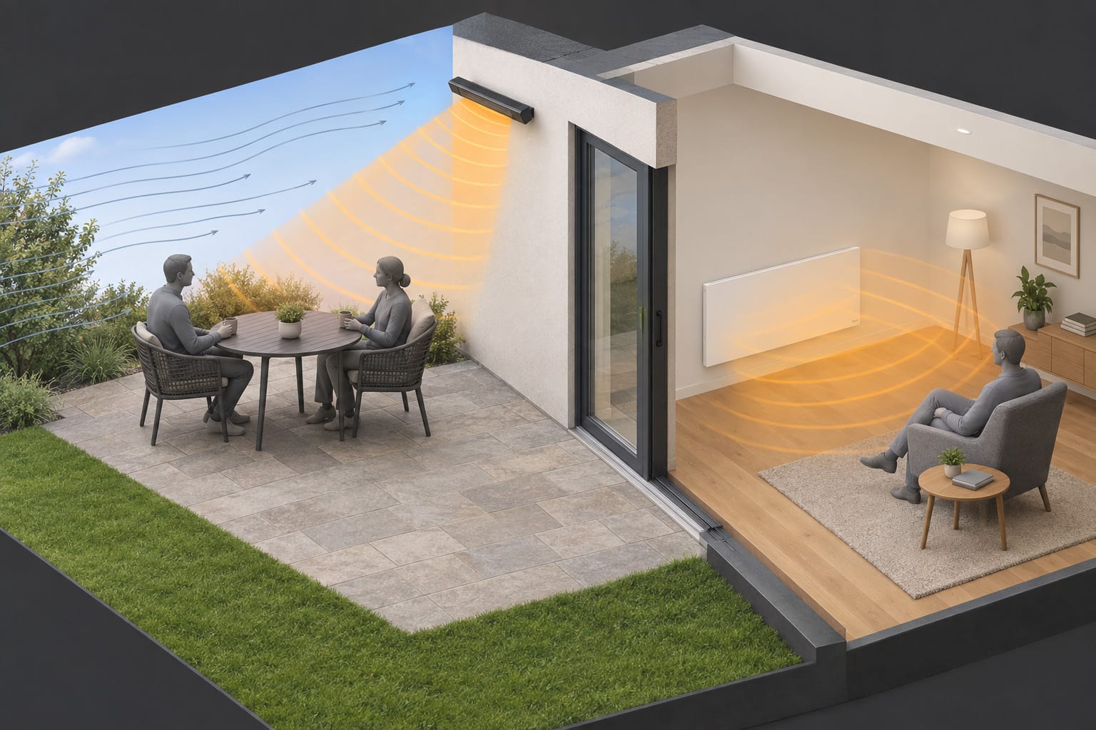 Infrared heaters for outdoor and indoor spaces Infrared heaters outdoors and indoors: wall-mounted outdoor heater on the patio and an infrared panel in the room next to it.