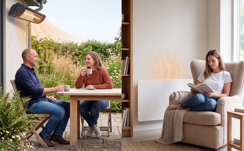 Infrared heaters for outdoors and indoors: a couple on a patio under a wall heater, a woman reading by a white panel.