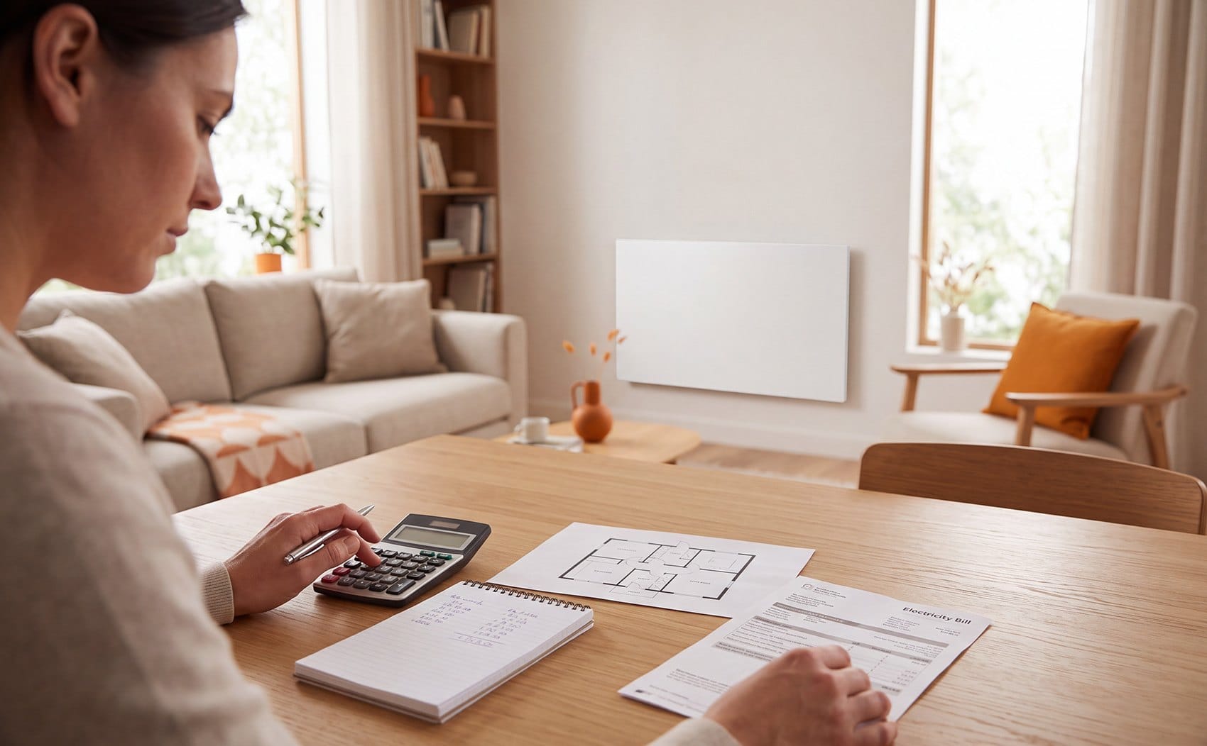 Infrared heater cost: a woman works out costs at a dining table, with a white heater on the wall behind.